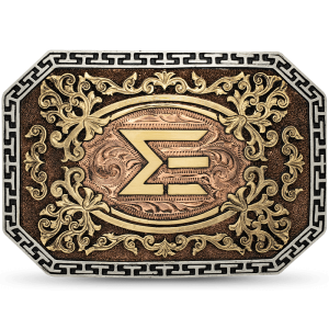 A custom belt buckle for men featuring a ranch brand figure over a hand engraved and matted copper base with bronze scrolls and frets frame 